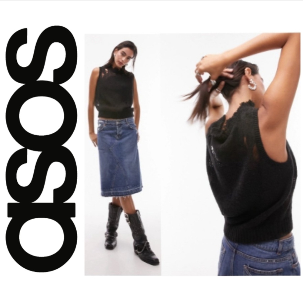 Topshop knitted distressed tank in black. Size 4-6